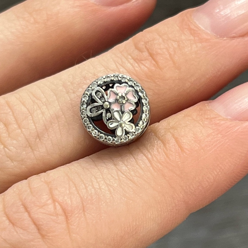 925 sterling silver jeweled enameled floral charm with designer inspired details